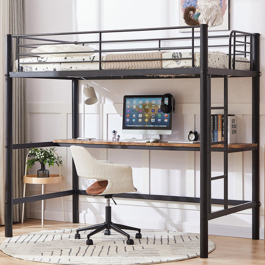 VECELO Twin Loft Bed with Desk - Heavy Duty Metal Frame, Removable Ladder, Safety Guardrails, Space-Saving Design in Black - WoodArtSupply