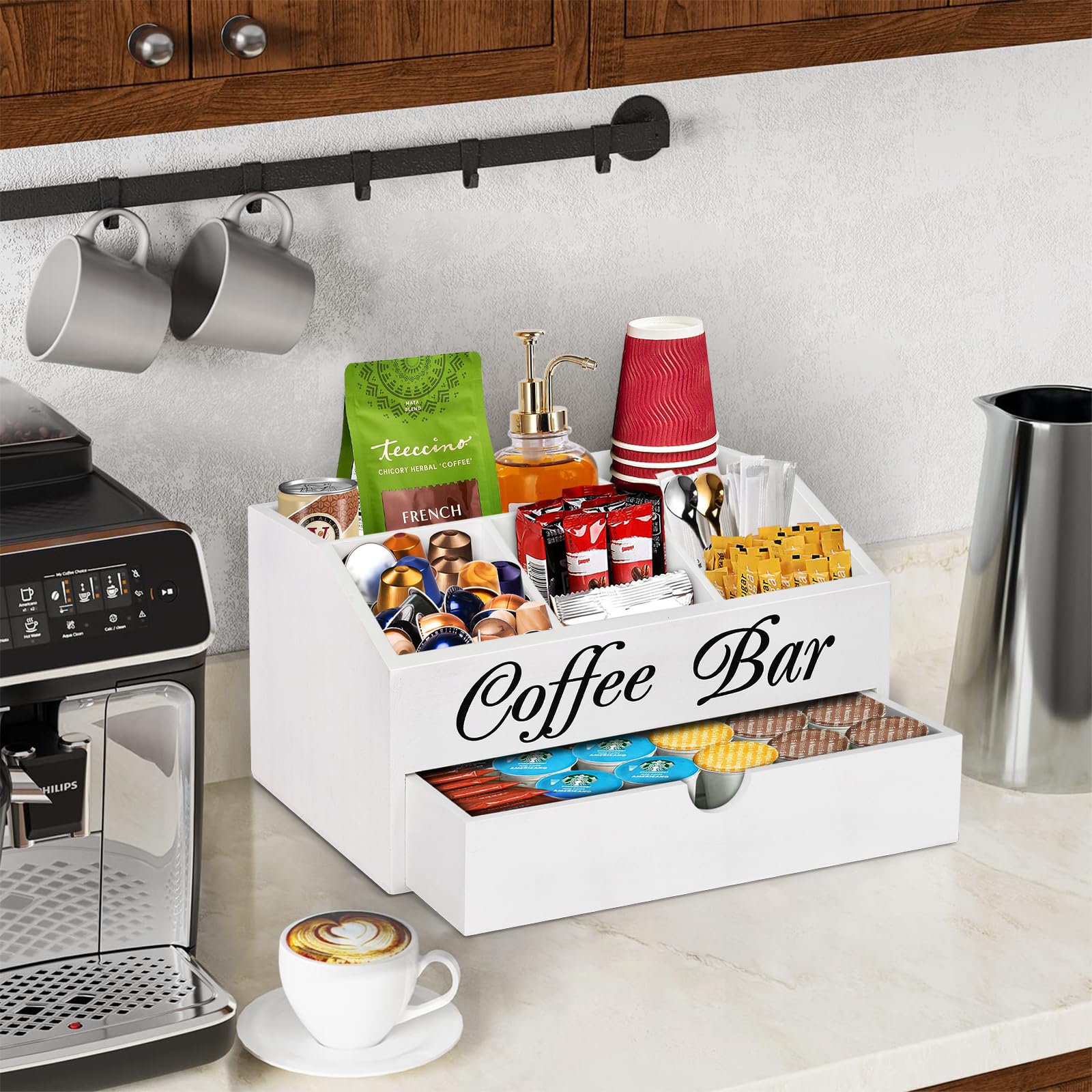 Coffee Bar Organizer Countertop, Wooden Coffee Bar Accessories Organizer With Drawer, Coffee Station Organizer Coffee Pods Holder Storage Basket, Farmhouse Coffee and Tea Condiment Organizer  - WoodArtSupply