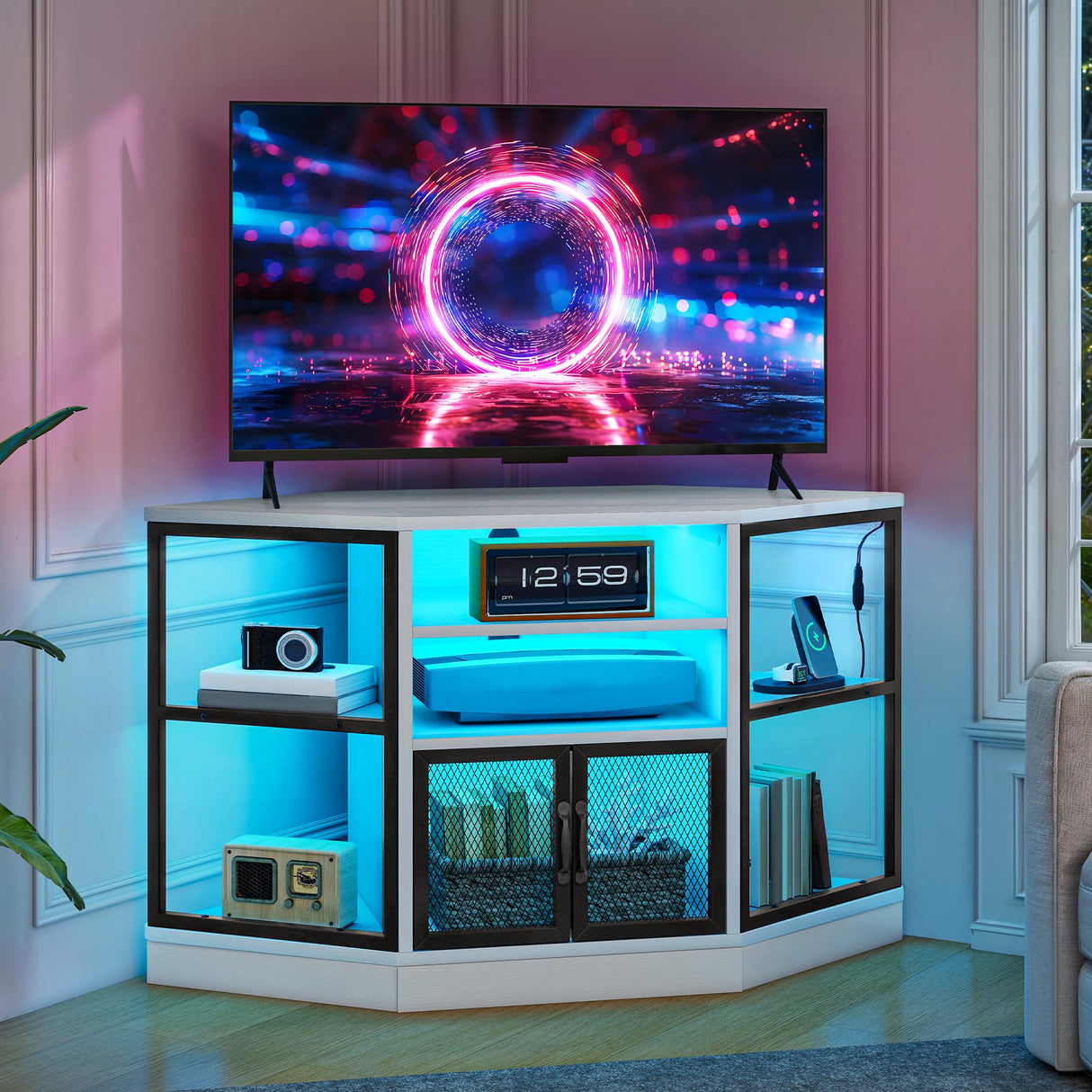 YITAHOME Corner TV Stand for Small Spaces, Corner Entertainment Center with LED Light and Power Outlet, Modern Media Console, TV Cabinet for Living Room, 47 Inch White YITAHOME