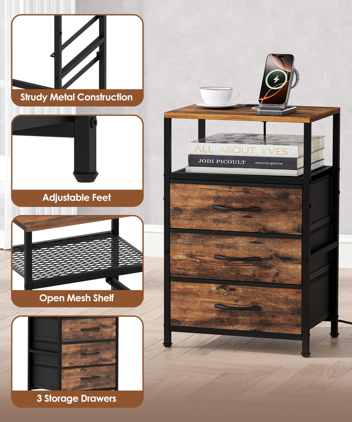 Akxomel Night Stand with Charging Station, 11" D x 15" W Nightstand with LED Light, Bedside Table with Fabric Drawers, Side Table with Open Shelf for Bedroom, Rustic Brown Akxomel