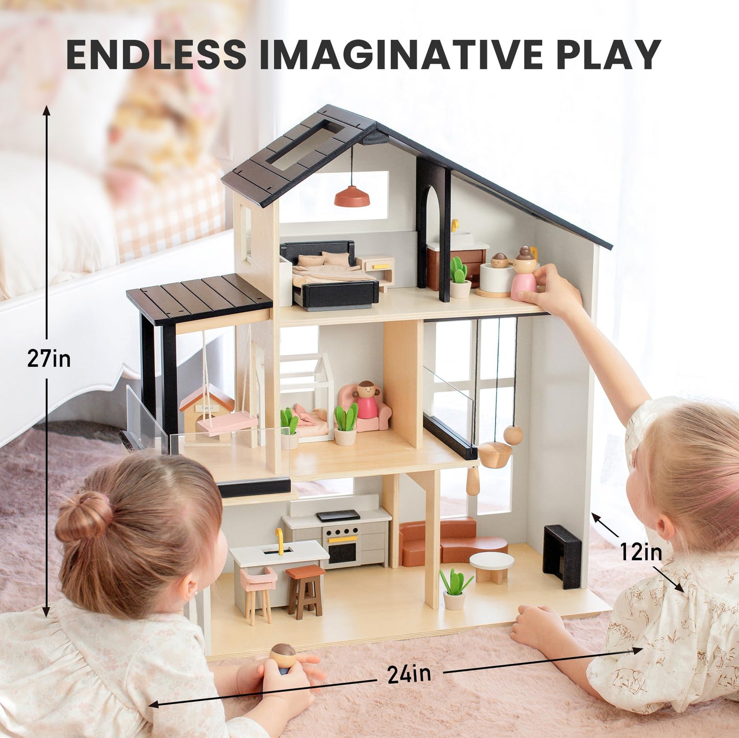 Tiny Land Doll House, Modern Family Dollhouse with Realistic Design, Wooden Dollhouse with 53Pcs Furniture - Ideal Gift for Kids Ages 3+