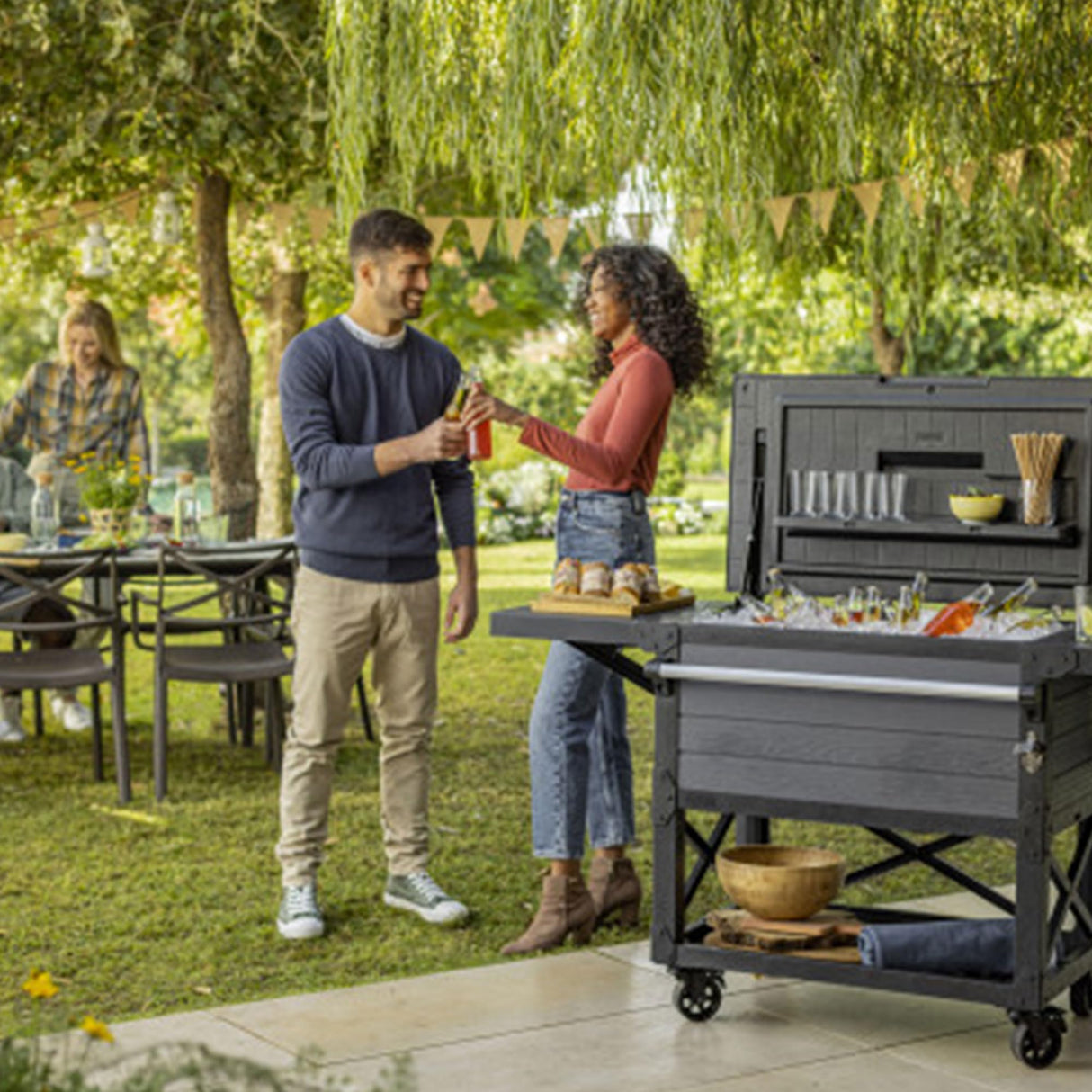 Keter Rolling Ice Cooler Cart, Outdoor Party Beverage Stand w/Wheels, 89.8 Qt, Dark Grey Keter
