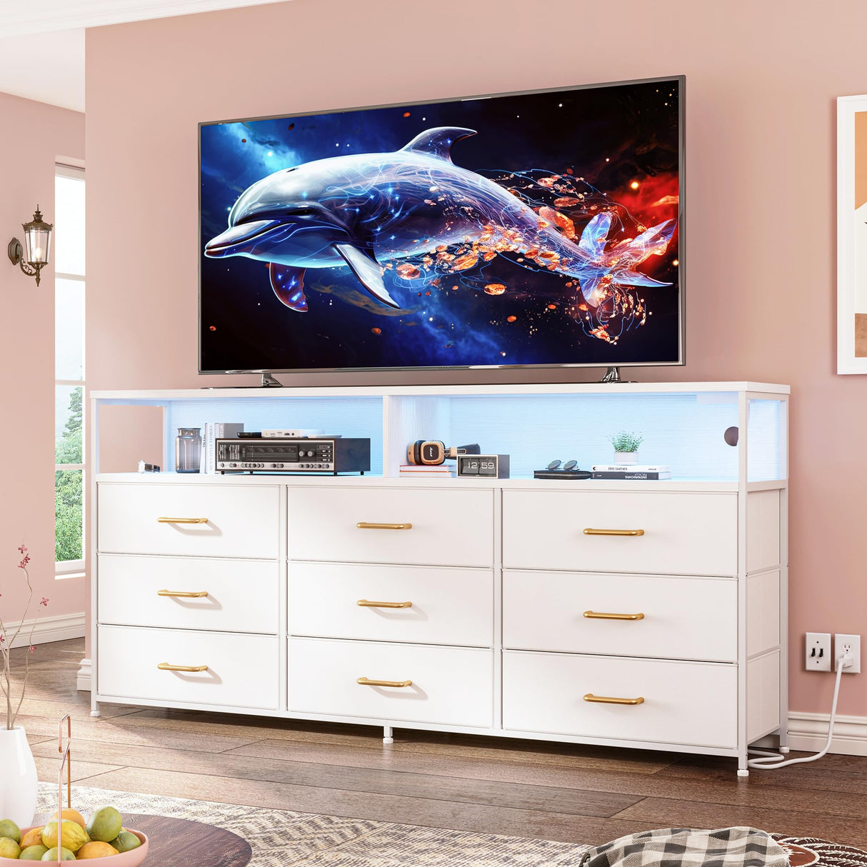 EnHomee 55” W Dresser, White Dresser for Bedroom with Power Outlet & LED Lights for 65" TV Stand for Bedroom Dresser with 9 Fabric Drawers, Sturdy Dressers for Bedroom, Closet, Entryway EnHomee