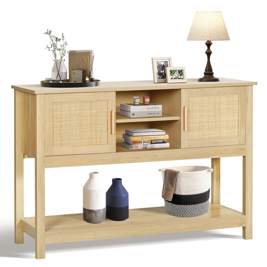 LAZZO 47" Rattan Console Table - Multi-Functional Narrow Entryway & Sofa Table with Storage Cabinets and Drawers