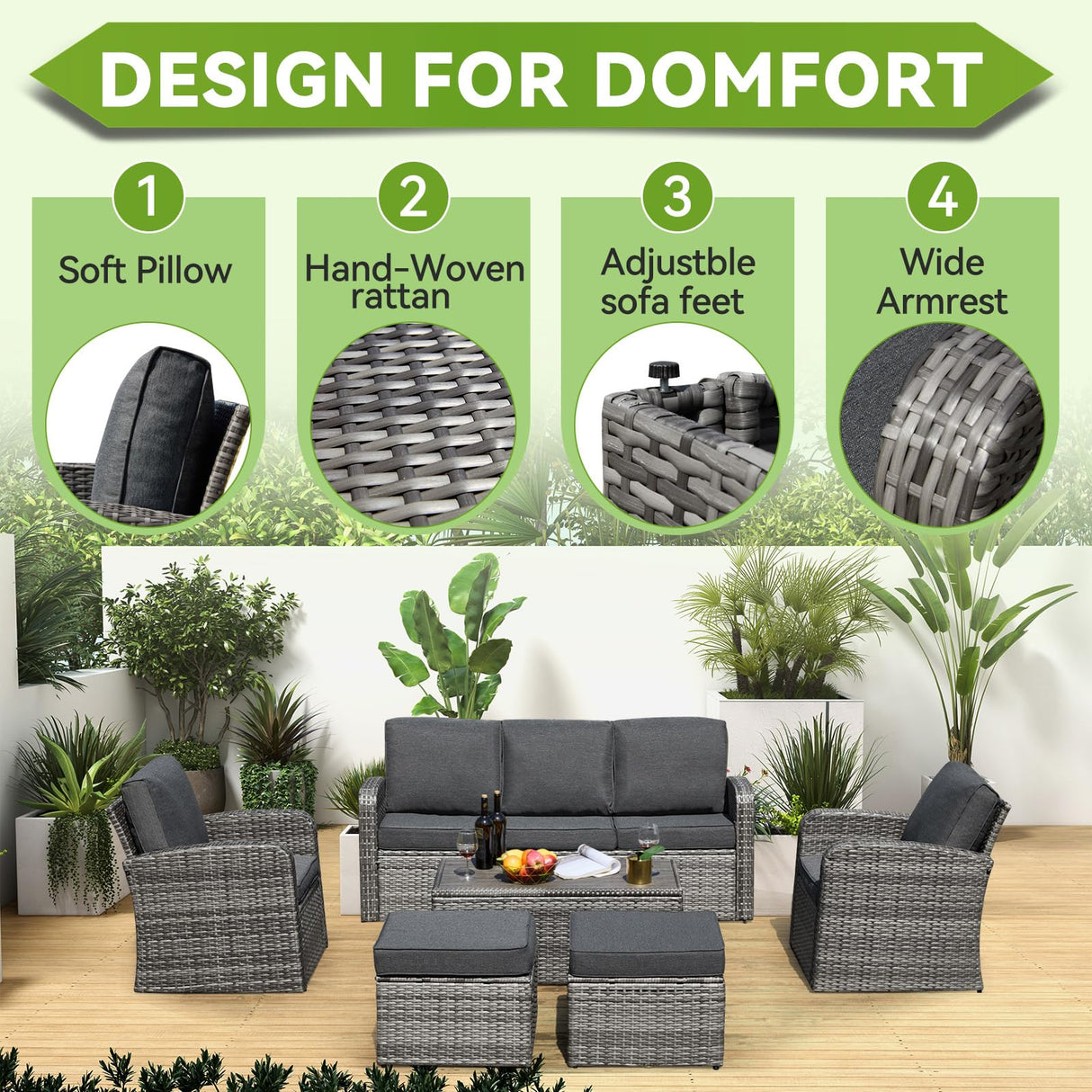 Suvivityse 6 Pieces Patio Furniture Set Sectional Rattan Wicker Outdoor Conversations Sets with Table and Ottomans for Garden, Poolside, Backyard (Grey) Suvivityse