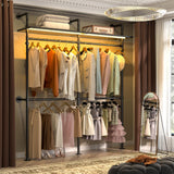 Aheaplus Industrial Pipe Clothing Rack, Reversible 79.7'' Clothes Rack for Hanging Clothes, Heavy Duty Garment Racks Closet Wardrobe with LED Lights& Shelves, Walk-in Closet System, Black Aheaplus