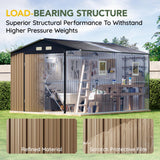 Breezz Outdoor Storage Shed 10 x 12ft. Utility Tool Shed Metal Storage Garden Shed with Lockable Doors, Windows & Metal Frame Floor for Patio Storage,Brown BreezZ