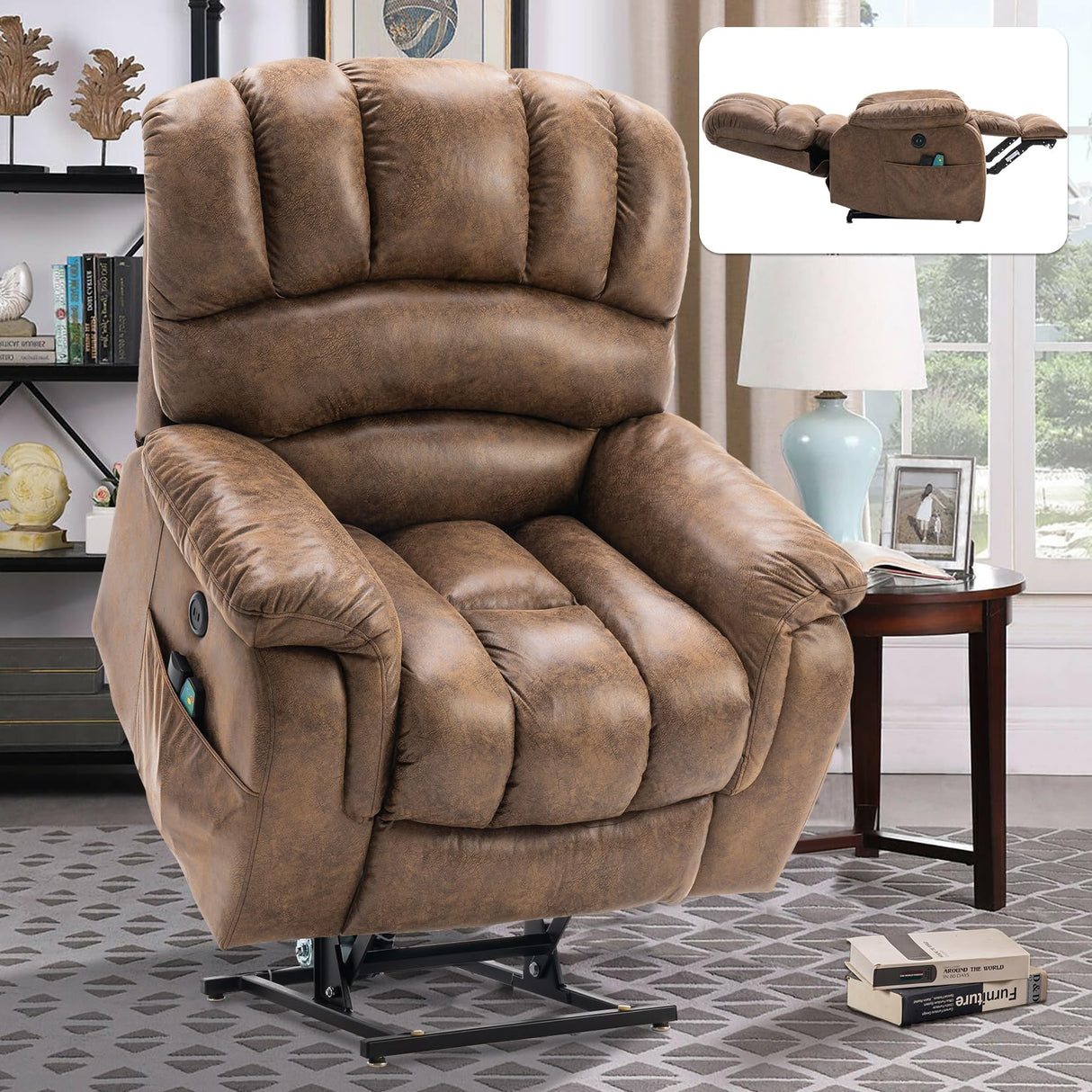 VIVIJASON Large Dual OKIN Motor Power Lift Recliner Chair for Elderly Big Man, 180° Lay Flat Electric Recliner with Heat & Massage, Infinite Position, 2 Remote Controls, Side Pockets & USB Port, Brown VIVIJASON