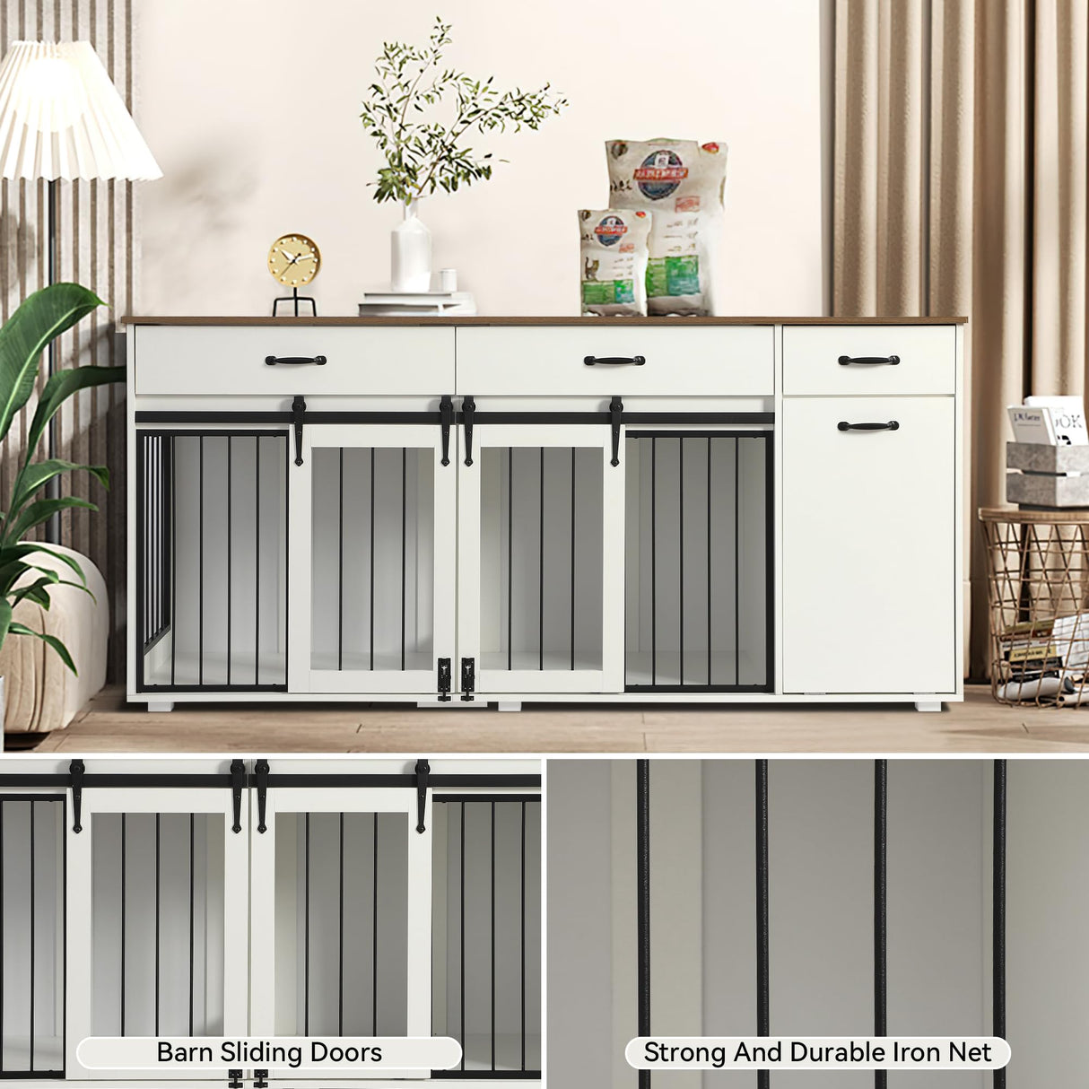 71" Furniture Dog Crate for 2 Dogs, Double Dog Furniture Crate, Furniture Dog Cage Indoor for Large Medium Small Dogs, Wood Dog Kennel with Tilt Out Cabinet, Drawers, Divider and Sliding Door, White LOUVIXA