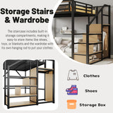 MoproBeti Queen Loft Bed with Stairs, Metal Loft Bed Queen Size with Storage Shelves, Adults Loft Bed with Wardrobe, Heavy Duty High Loft Bed for Teens, No Box Spring Needed, No Noise, Black MoproBeti
