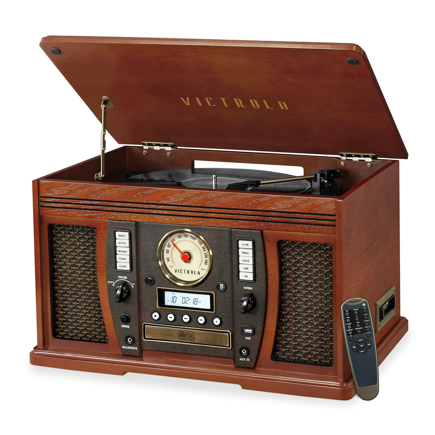 Victrola Aviator 8-in-1 Bluetooth Record Player & Multimedia Center with Built-in Stereo Speakers - 3-Speed Turntable, Vinyl to MP3 Recording, Wireless Music Streaming, Mahogany - WoodArtSupply