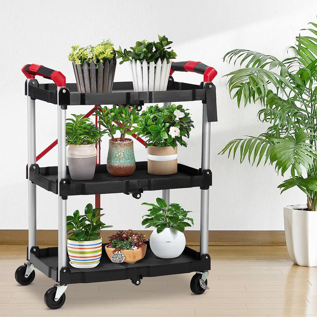PioneerWorks 3-Tier Folding Service Cart, 56 Lbs Load Capacity, 360-Degree Wheels, Black PioneerWorks