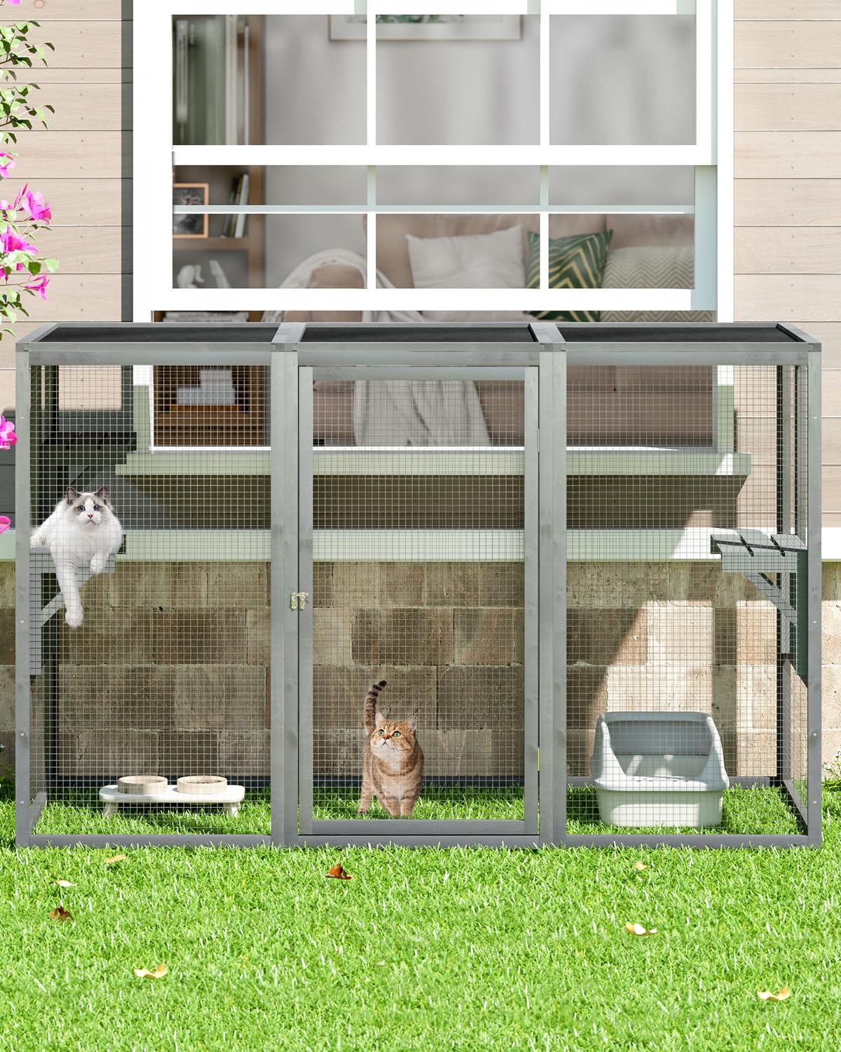 Catio Outdoor Cat Enclosure,71" L Outside Cat House Weatherproof, Wooden Catios for Cats Patio, Cat Houses with 3 Platforms (Grey, Large) - WoodArtSupply