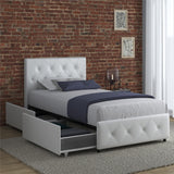 DHP Dakota Upholstered Platform Bed with Underbed Storage Drawers and Diamond Button Tufted Headboard and Footboard, No Box Spring Needed, Twin, White Faux Leather DHP