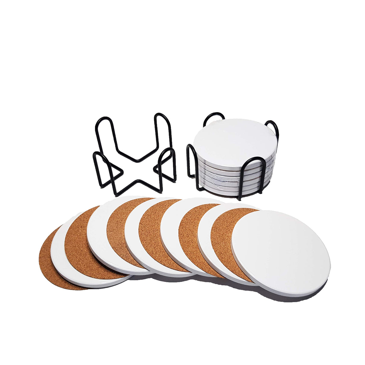 Ceramic Coaster Sets - 12 Round 4 Inch Glossy Non-Absorbent with Cork Backing & 2 Metal Stands - for Sublimate Printing live4art