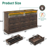 Hlivelood 63" Farmhouse 11 Drawer Dressers for Bedroom, Brown Wood Dresser w/Glass Top&Front Display Organizer, Bedroom Closet Island Chest of Drawers, for Living Room, Bedrooms, Hallway, Brown Hlivelood