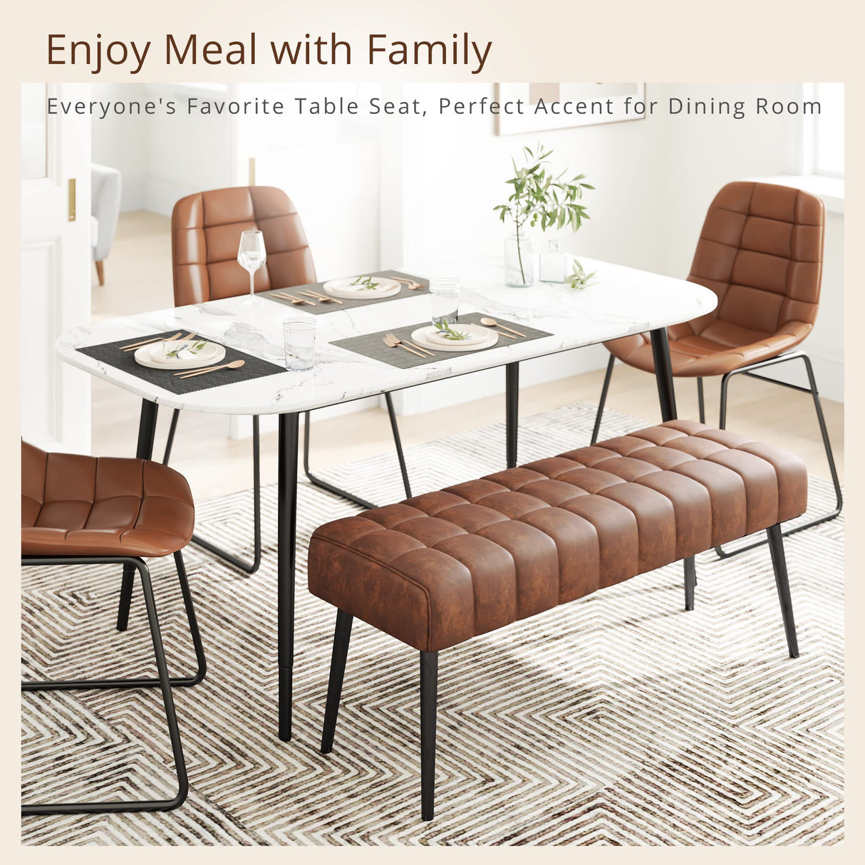 LUE BONA Entryway Bench, 44.5'' Leather Upholstered Bedroom Benches, End of Bed Bench with Metal Legs, for Decorative, Living Room, Dining Room, Red Brown LUE BONA