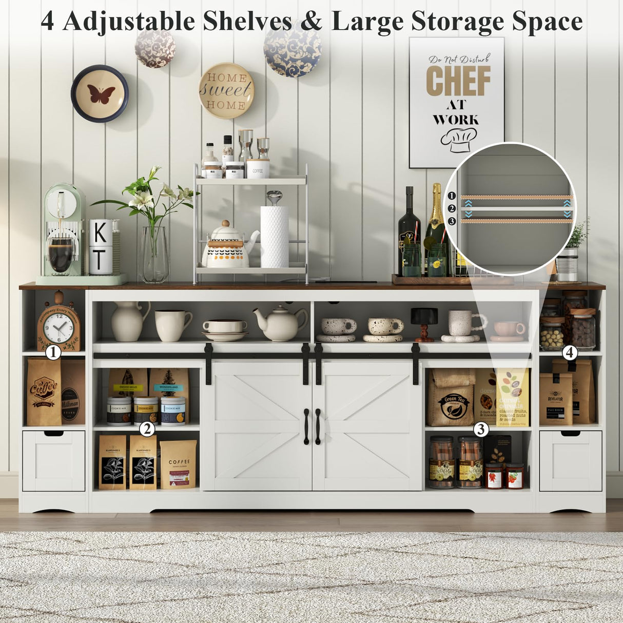 Loomie Farmhouse 3 in 1 TV Stand with Charging Station, 79"W Entertainment Center with 2 Side Cabinets for 85" TV,Media Console Table with Adjustable Shelves & Sliding Barn Door for Living Room(White) Loomie