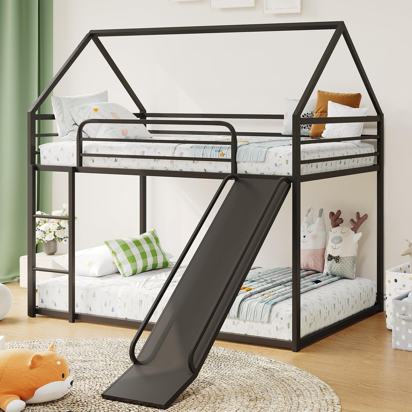 YIORTWO Twin-Over-Twin Low Metal Bunk Bed with Convertible Slide, Montessori Floor Bunk Bed Frame with Curved Edges Guardrail, Heavy Duty Metal Bed with House Shape and Roof for Kids, Black