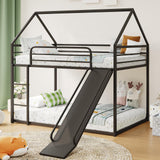 YIORTWO Twin-Over-Twin Low Metal Bunk Bed with Convertible Slide, Montessori Floor Bunk Bed Frame with Curved Edges Guardrail, Heavy Duty Metal Bed with House Shape and Roof for Kids, Black YIORTWO