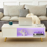 COSVALVE 41.3IN LED White Coffee Tables for Living Room with 16 Colors LED Lights, Modern Minimalist Coffee Table with Fluted Panel, Rectangle Center Table Game Table COSVALVE