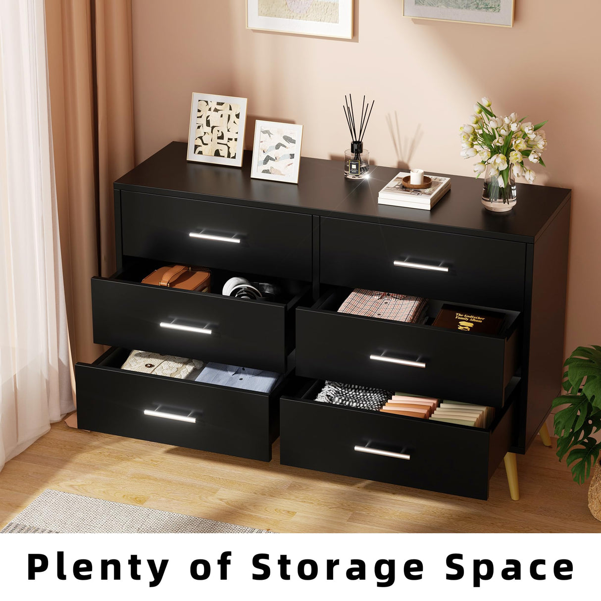 Shintenchi 6 Drawer Dresser, Wide Chest of Drawers Organizer Storage with Drawers, Large Storage Cabinet, Modern Design Dresser for Bedroom, Living Room, Porch, Black Shintenchi