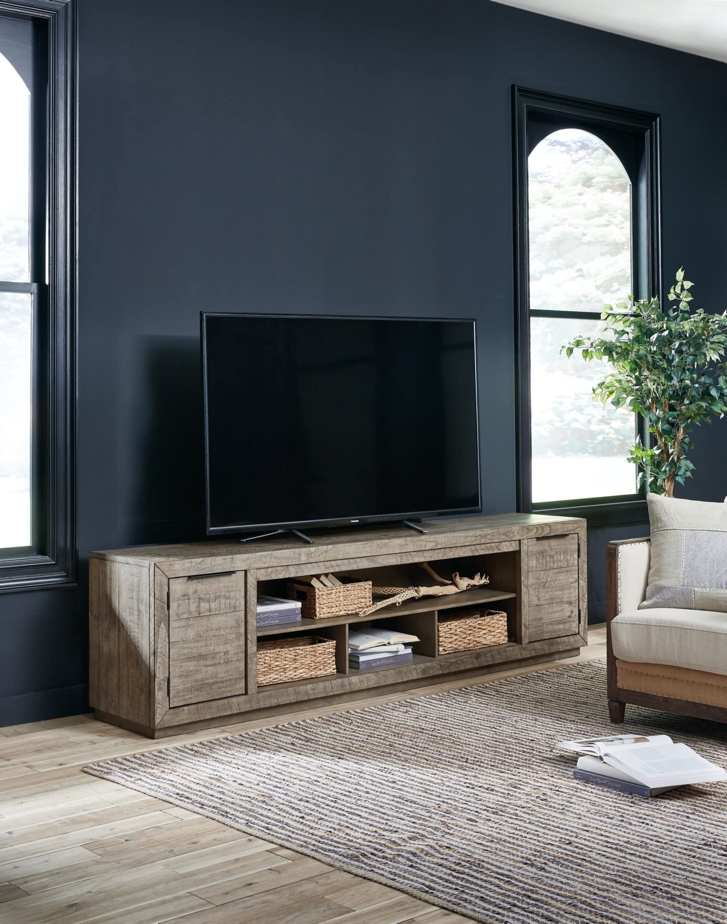 Signature Design by Ashley Krystanza Rustic TV Stand Fits TVs up to 90", 2 Cabinets and Shelves For Storage, Brown