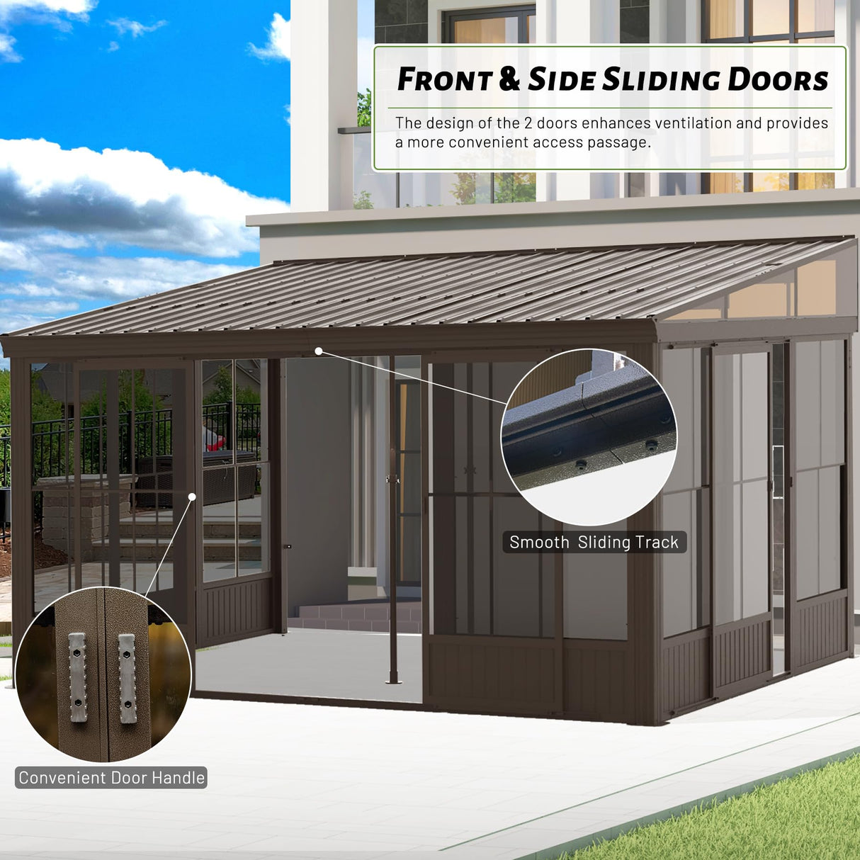 SHPAI 12'x14' Lean to Sunroom, All Weather Wall Mounted Solarium, Hardtop Aluminum Gazebo with Galvanized Steel Roof, 2 Sliding Doors, PVC Screens, Outdoor Permanent Sun Room for Patio, Deck, Backyard SHPAI