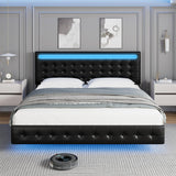 Keyluv Modern King Bed Frame with LED Lights and Upholstered Leather Headboard Keyluv