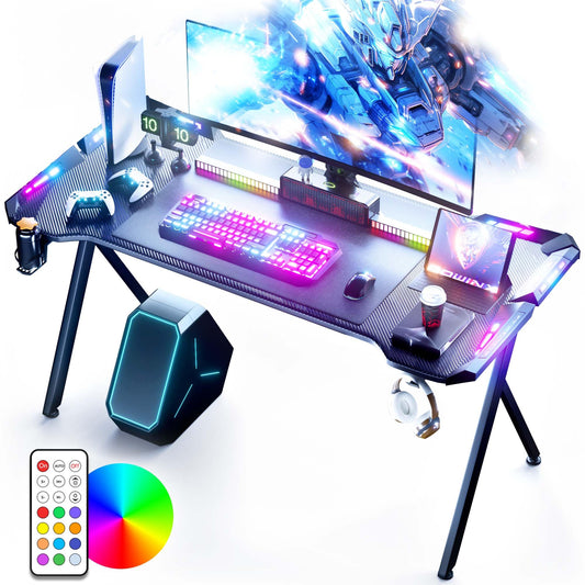 Dowinx Gaming Desk with LED Lights, RGB Gaming Computer Table with Carbon Fibre Surface, LED Home Office Desk with Remote Control, Pc Workstation, 47 Inch, Black - WoodArtSupply