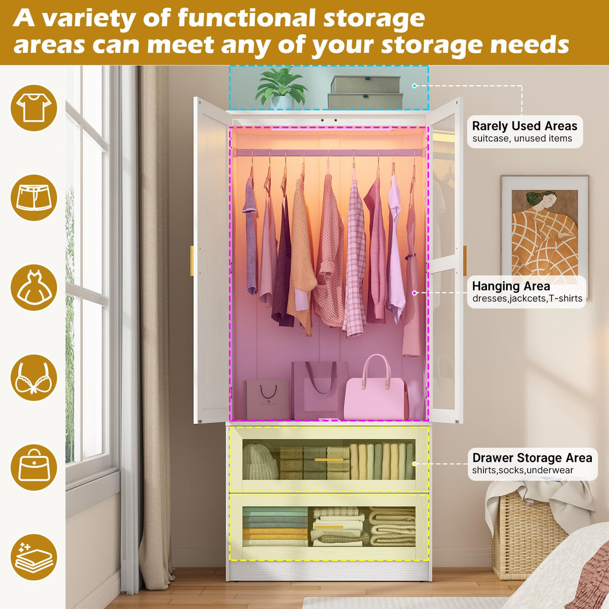 2 Doors Armoire Wardrobe Closet with LED and Mirror,71" H Freestanding Wooden Wardrobe Closet Cabinet for Bedroom w 2 Drawers,Wooden Clothing Storage Cabinet w Hanging Rod,Closets for Bedroom(White) chartustriable