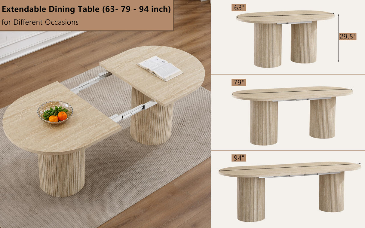 63"-94" Large Extendable Dining Room Table Set for 10, 11-Piece Oval Dining Table Set with 10 Beige Upholstered Chairs, Space Saving Farmhouse Expandable Kitchen Table Set with Fluted Wood Base Pvillez