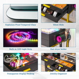 WOOVIVS RGB Vanity Desk with Sliding Mirror and Lights, LED Makeup Vanity with Charging Station/Motion Sensor Light, Glass Top Vanities Dressing Table Set with Jewelry Box,6 Drawers,Stool (Black) WOOVIVS