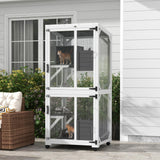 PawHut Wooden Catio with Waterproof Roof, Large Cat House with High-Up Resting Box, Indoor & Outdoor Cat Enclosure with Wheels, for 1-3 Cats, White PawHut