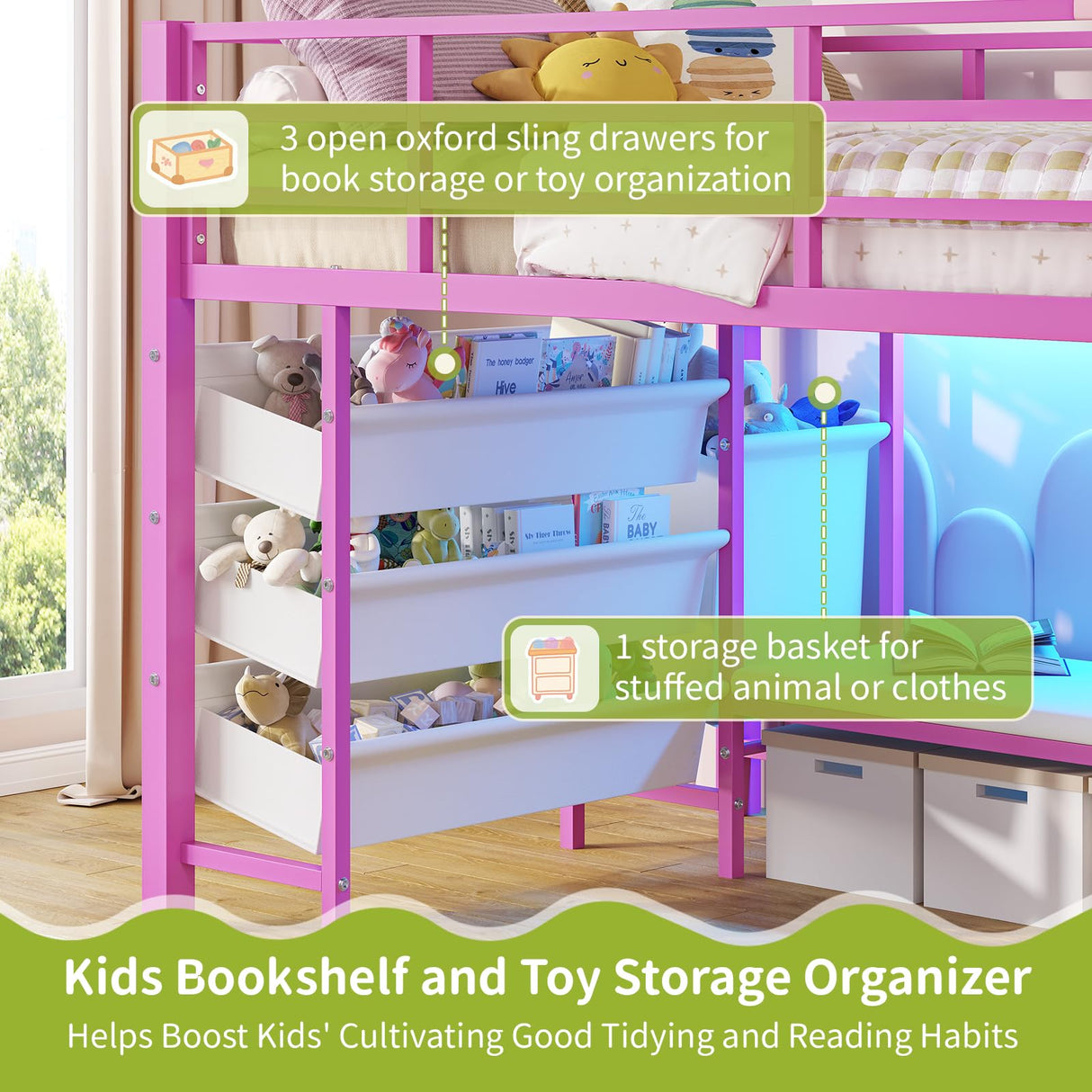 DICTAC Low Twin Size Loft Bed with Reading Corner and Bookshelf,Metal Twin Loft Bed with LED Lights,3 Sling Drawers&2 Movable Storage Bins,loft bed for Kids with 13.98"H Safety Guardrail & Stairs,Pink DICTAC