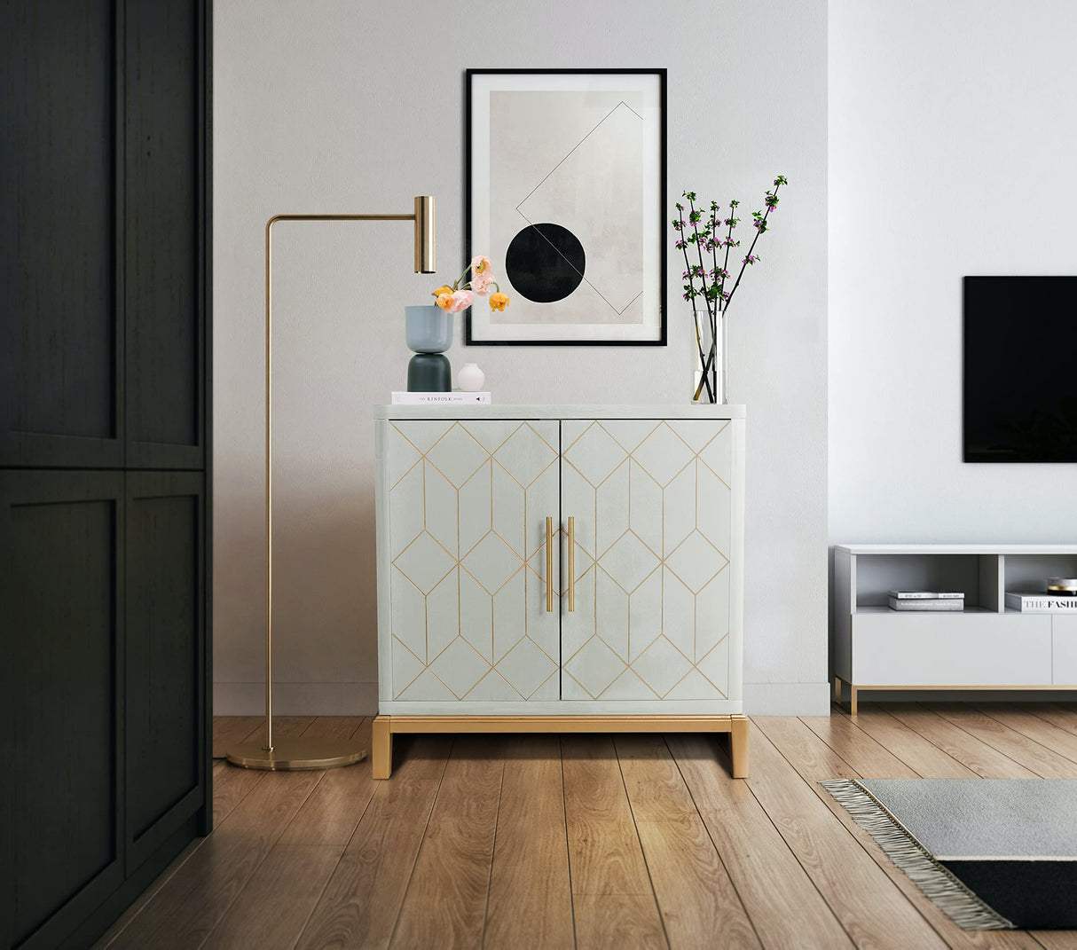 HLR Green Accent Cabinet with Gold Trim,Storage Cabinet with 2 Doors,Modern Wooden Sideboard for Living Room, Kitchen, Office and Hallway HLR