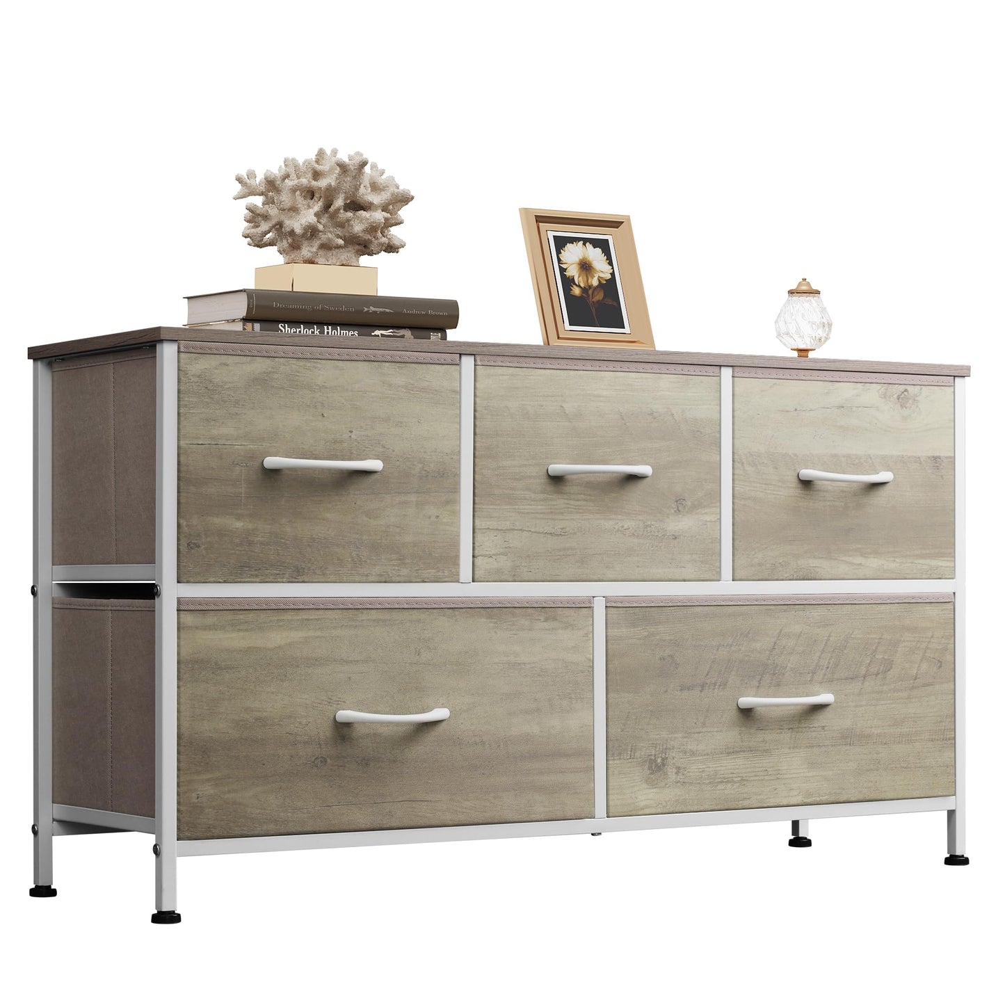 WLIVE Dresser for Bedroom with 5 Drawers, Wide Chest of Drawers, Fabric Dresser, Storage Organizer Unit with Fabric Bins for Closet, Living Room, Hallway, Greige Oak - WoodArtSupply