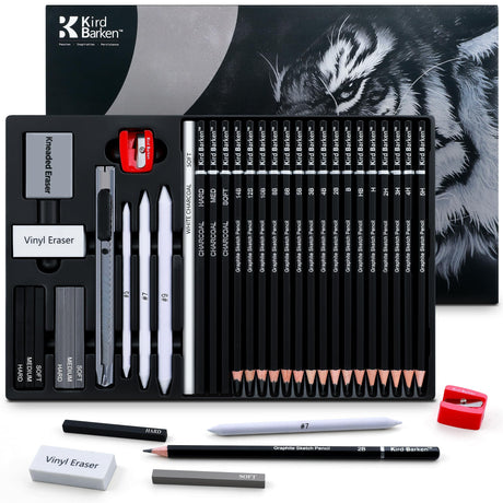 Kird Barken 33 Piece Sketching Pencil Set - 5H to 14B Pencils, Charcoal Pencils, Charcoal Sticks,Graphite Sticks,Painting tools – drawing pencil set for Beginners, Artists, Students, Kids Kird Barken