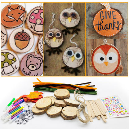 24 Set Fall Wooden Painting Crafts Kit,Unfinished Wood Slices with Holes Round Log DIY Crafts Hanging Ornaments Thanksgiving Fall Pumpkin Painting Kits Bulk for Classroom Activity DIY Art Projects