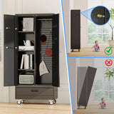 SUXXAN Broom Closet with Wheels 71"x 31.5"x15.75", Metal Cleaning Cabinets with Drawer Hooks and Hanging Rods, Lockable Cabinet with Pegboard, Adjustable Shelf,for Garage, Laundry Room SUXXAN