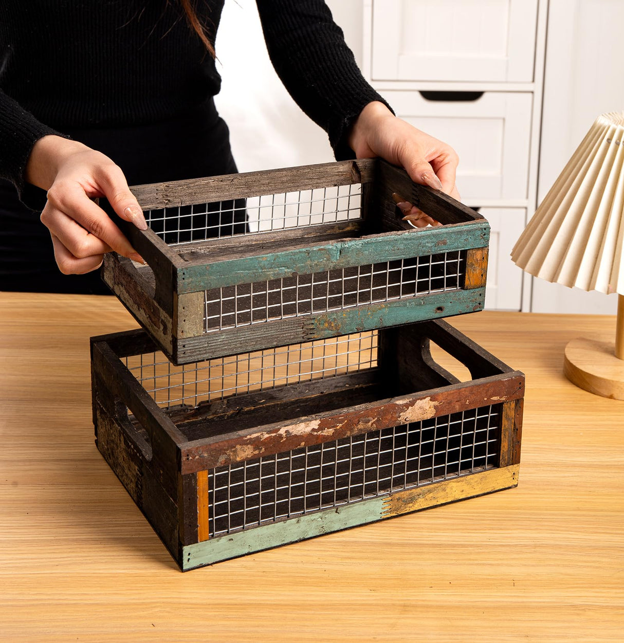 TIMRIS Set of 2 Rustic Wooden Countertop Baskets, Farmhouse Distressed Nesting Boxes, Small Decorative Wooden Storage Crates, Reclaimed Wood Organizer Baskets with Wire Mesh (Random) TIMRIS