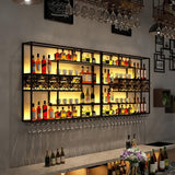 HFTUW 94 Inch Iron Wall Mounted Wine Rack & Bar Shelf for Liquor Bottles, Industrial Wall Bar Shelf with LED Lights, Large Capacity Metal Hanging Goblet Rack for Kitchen, Dining Room, Black HFTUW