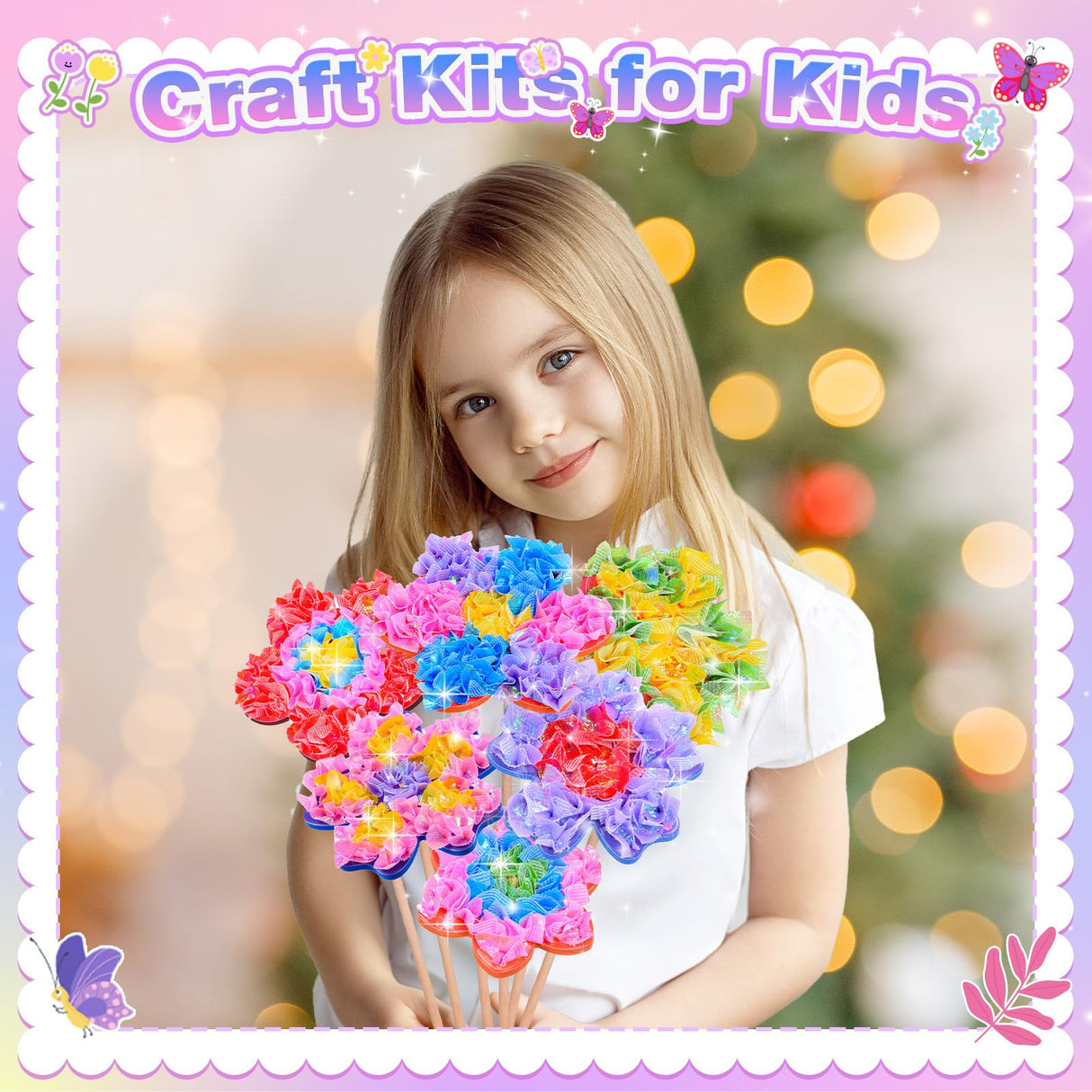 MDINGTD Toys for 4 5 6 7 8+ Year Old Girls, Poke Art Flower Bouquet with 8 Flowers & 2 Butterflies Arts and Crafts for Girls Ages 4-12 DIY Creative Activity Birthday Christmas Gifts Craft Kits MDINGTD