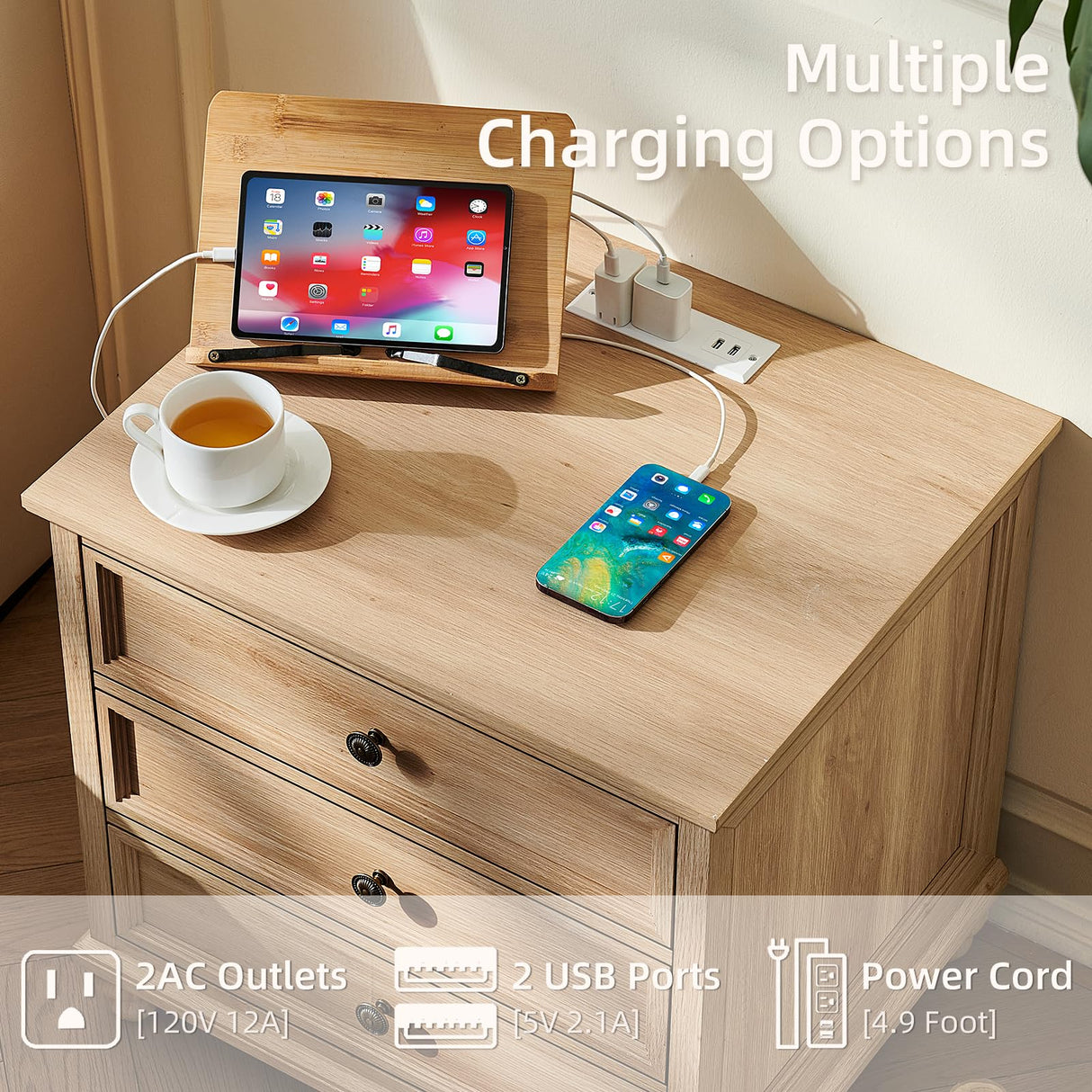 Joaxswe Farmhouse Nightstand with Charging Station, 24" Wide End Table with 3 Drawers,Natural Wood Dresser for Bedroom, Bed Side Table Chest of Drawers Cabinet,Night Stand for Living Room, Closet Joaxswe