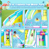 Inflatable Water Slide, 6 in 1 Blow Up Water Park Aged 3-12, Flamingo Style Water Bounce House with Double Long Slides, Splash Pool, 580W Blower Waterslide for Kids and Adults Backyard HEMOPOW