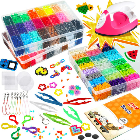 Fuse Beads Set of 72 Colors, 12600 Pcs 5mm Fuse Beads with Portable Mini Iron 5 Pegboards 5 Iron Paper 5 Adhesive Magnetic Discs 5 Tweezers 16 Keychains 8 Key Ropes with Hooks Booklet for Kids Yuxung