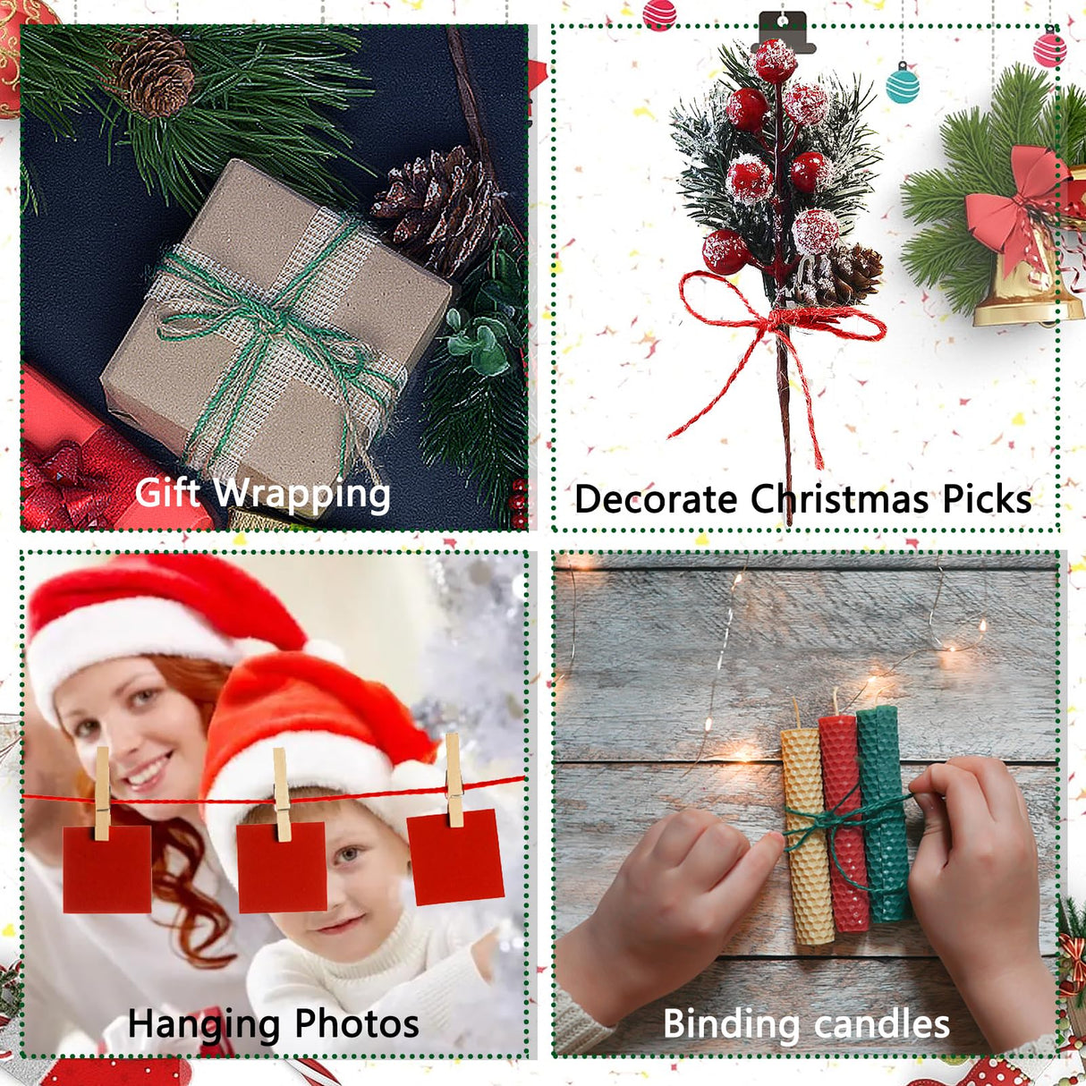 SORDIM Christmas Jute Twine String, 656 Feet Holiday String Rope, Red Green Jute for Gift Wrapping, Craft Making (2pcs) SORDIM