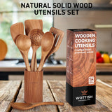 Wooden Spoons for Cooking - 8-Piece Wooden Kitchen Utensil Set made of Natural Solid Wood Material - Includes Spoons, Spatulas, Ladles, Strainer Spoon, Salad Fork, Mixing Spoon and Utensil Holder WOTTISH
