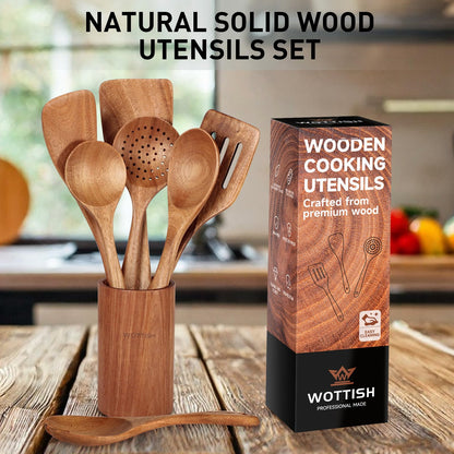 Wooden Spoons for Cooking - 8-Piece Wooden Kitchen Utensil Set made of Natural Solid Wood Material - Includes Spoons, Spatulas, Ladles, Strainer Spoon, Salad Fork, Mixing Spoon and Utensil Holder