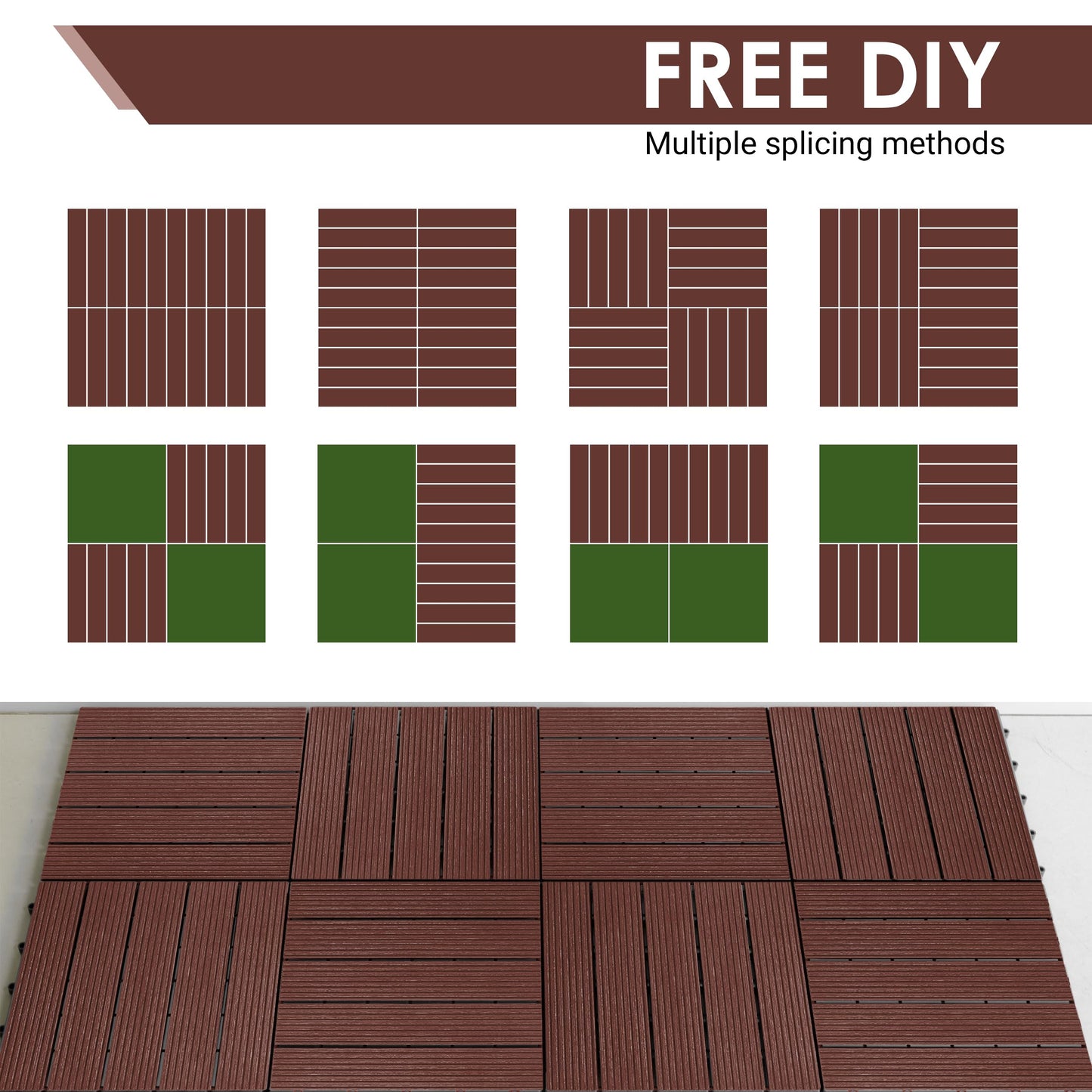 PrimeZone 162 PCS Plastic Interlocking Patio Deck Tiles - 12" x 12" Waterproof Indoor Outdoor Flooring, Patio Floor Decking for Balcony, Backyard, Garden & Poolside, All Weather Use, Dark Brown